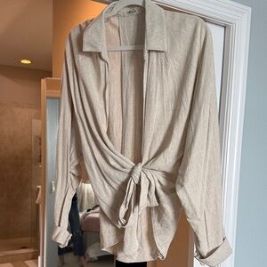 Mahina Natural Beige Linen Tie-Front Blouse